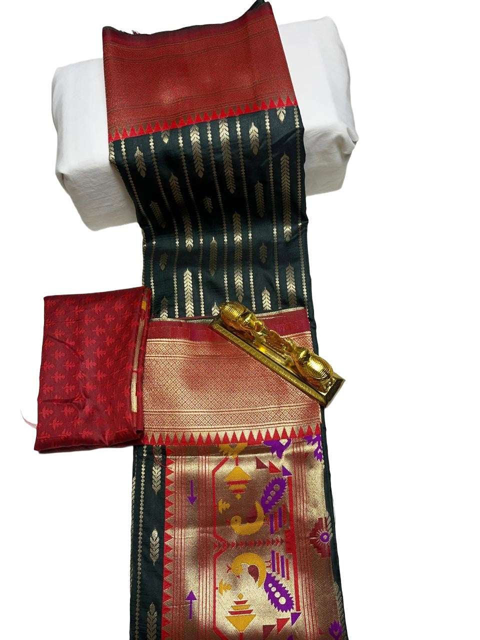 Bottle Green Paithani Silk Saree with Rich Gold Zari Pallu & Red Blouse