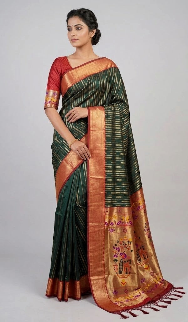 Bottle Green Paithani Silk Saree with Rich Gold Zari Pallu & Red Blouse