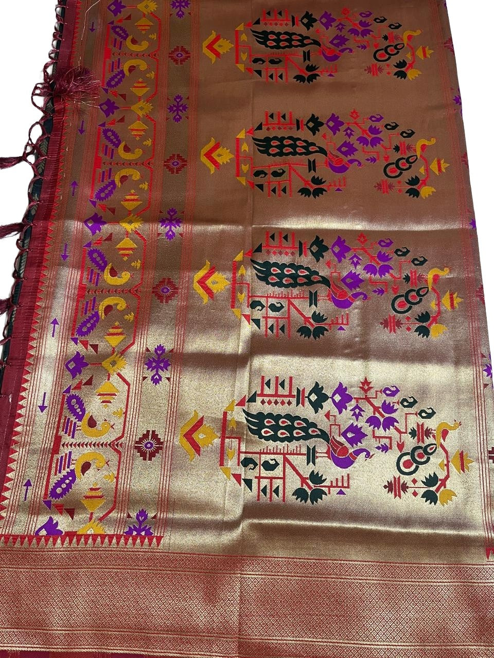 Bottle Green Paithani Silk Saree with Rich Gold Zari Pallu & Red Blouse