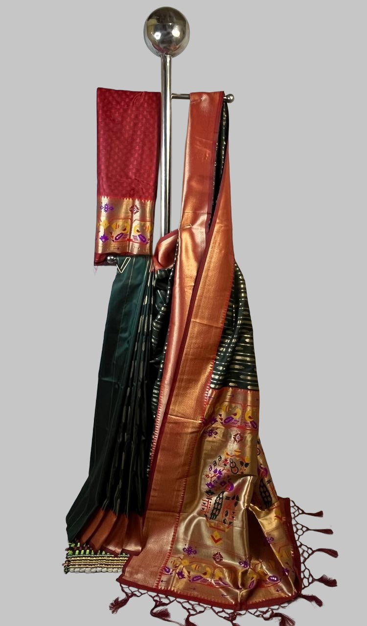 Bottle Green Paithani Silk Saree with Rich Gold Zari Pallu & Red Blouse