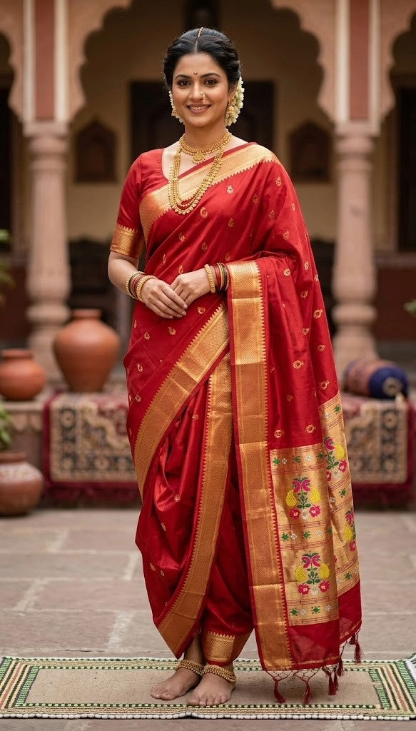 Cherry Red Art Silk Saree with Traditional Peacock Zari Border