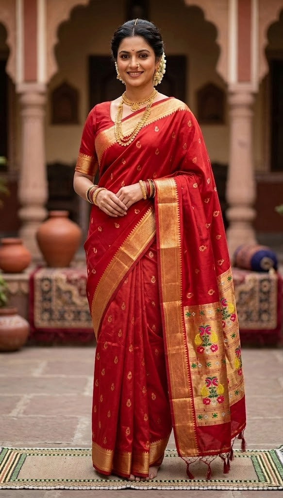 Cherry Red Art Silk Saree with Traditional Peacock Zari Border