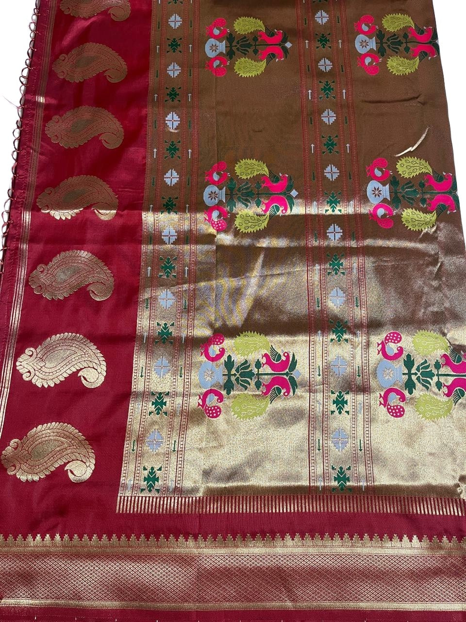 Cherry Red Art Silk Saree with Traditional Peacock Zari Border