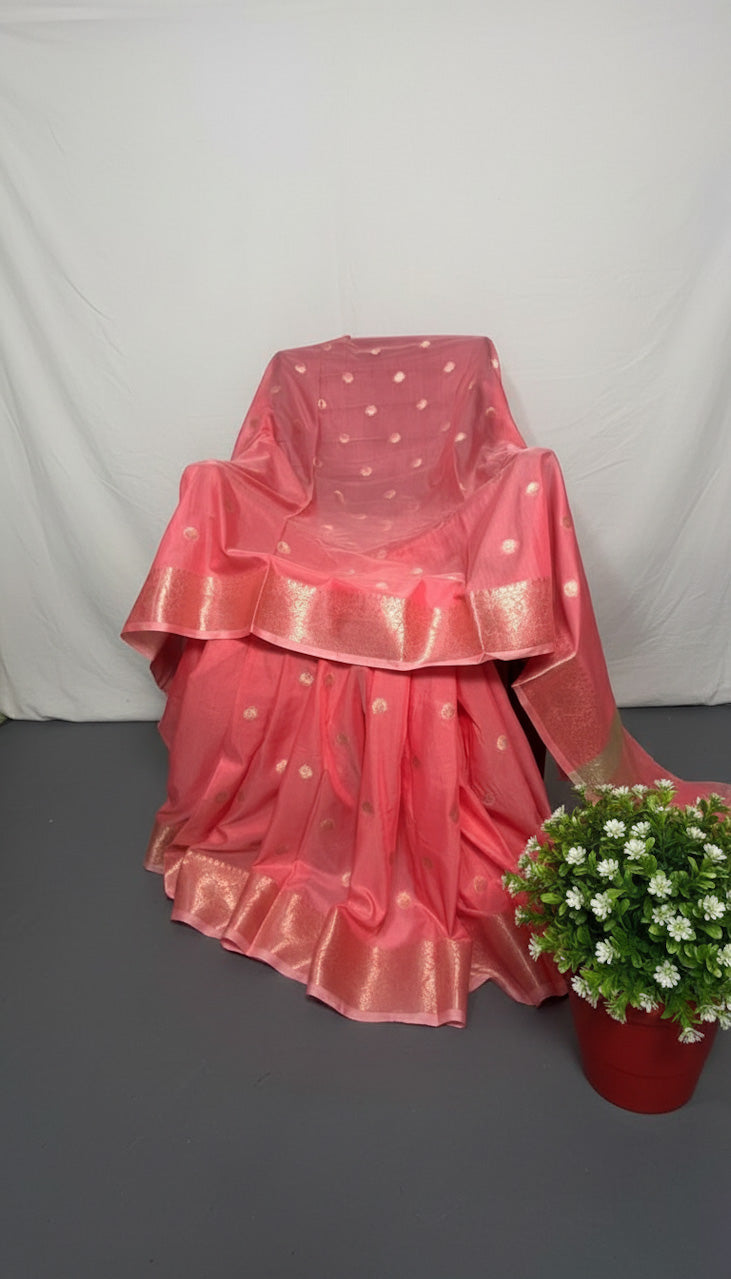 Coral Pink Banaras Malai Cotton Saree