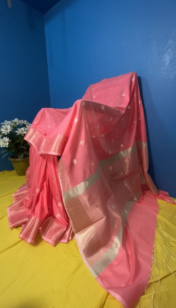 Coral Pink Banaras Malai Cotton Saree