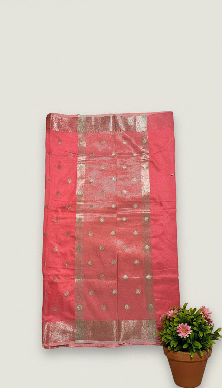 Coral Pink Banaras Malai Cotton Saree
