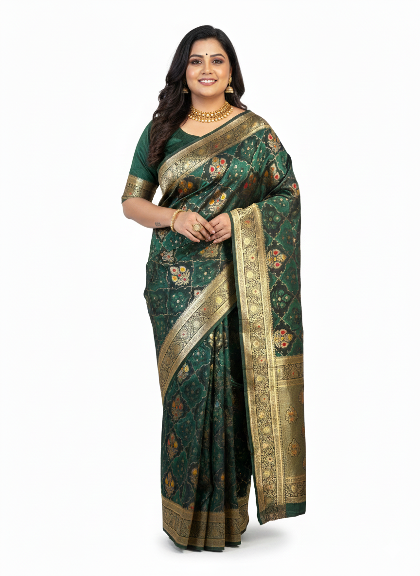 Dark Green with Multicolor premium satin silk saree