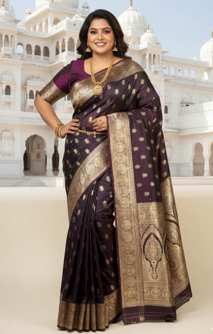 Deep Plum / Wine with Gold Zari Premium Satin Silk Saree