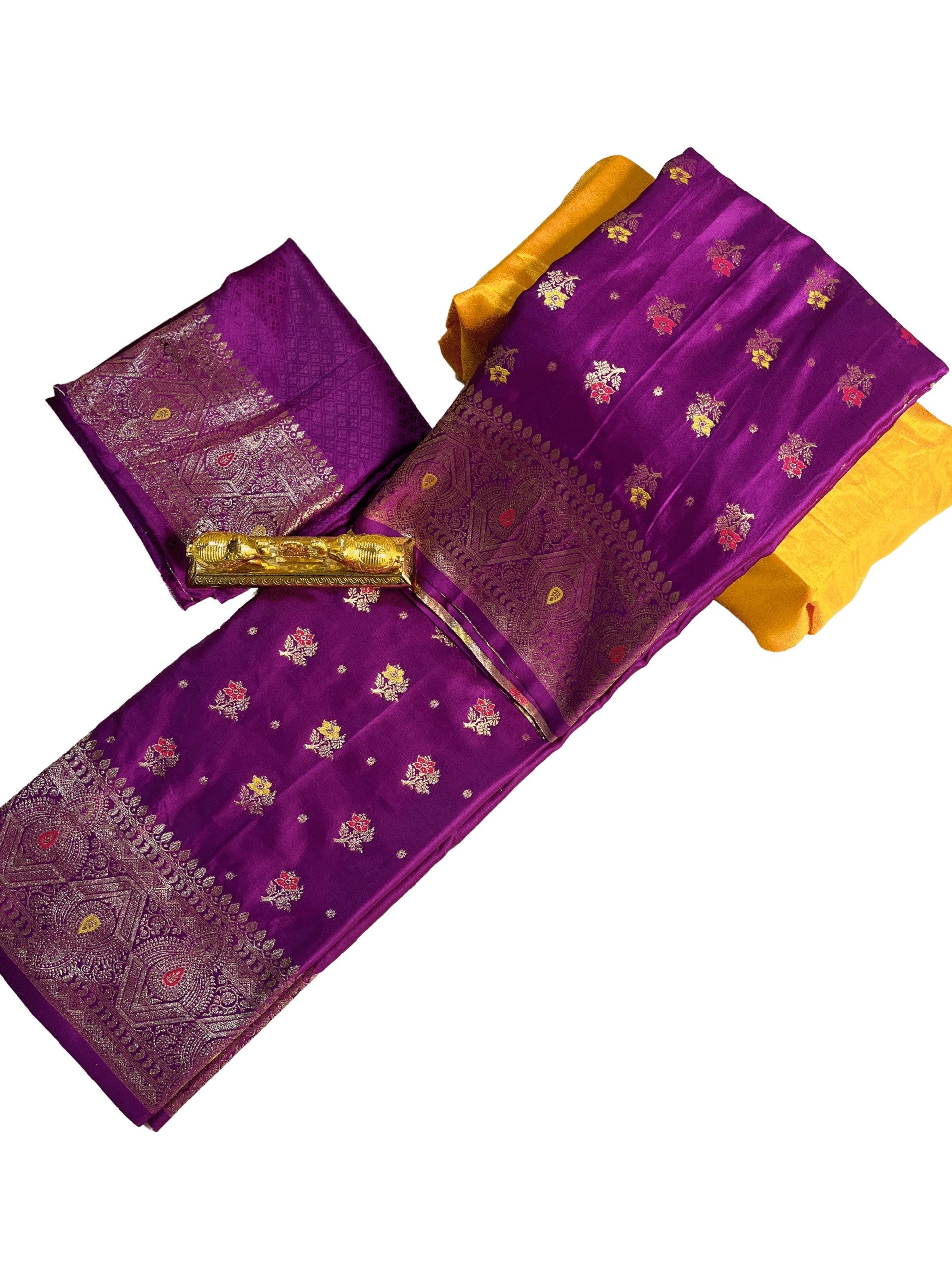 Deep Purple with Gold Accents Premium Mushroom Satin Silk Saree