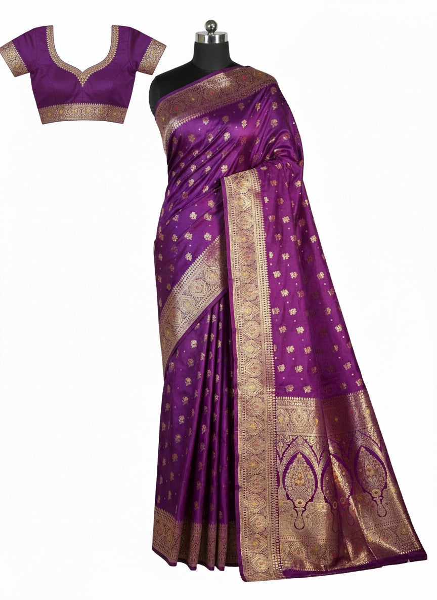Deep Purple with Gold Accents Premium Mushroom Satin Silk Saree
