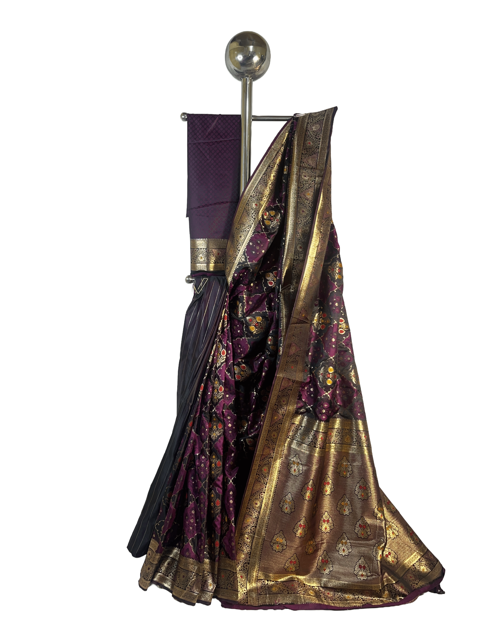 Deep Purple with Gold Zari premium mushroom satin silk Saree