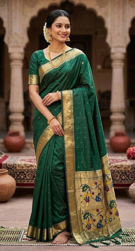 Emerald Green Art Silk Saree with Running Blouse and Heavy Zari Pallu
