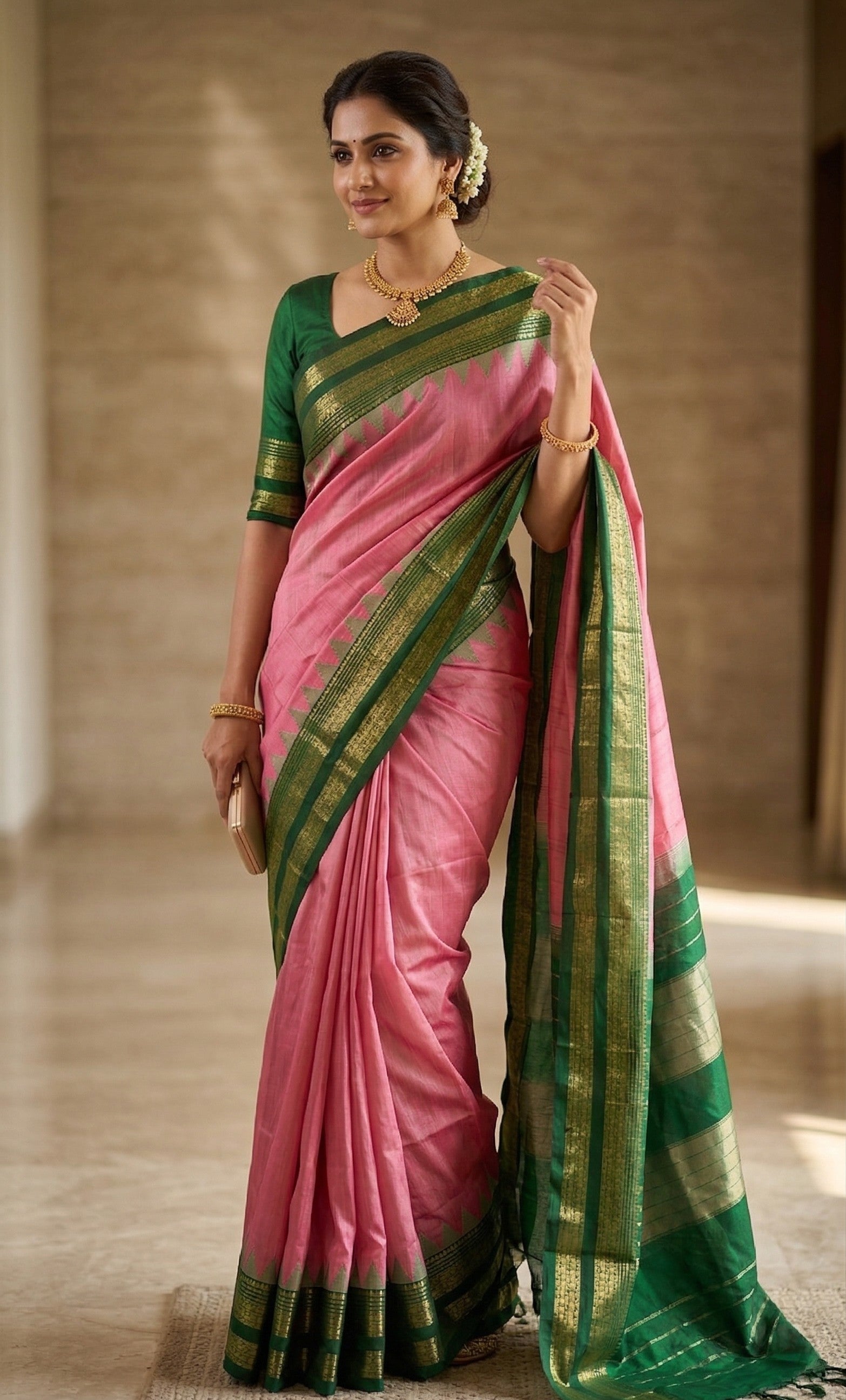 Ilkal Temple Border and Ganga Jamuna style saree