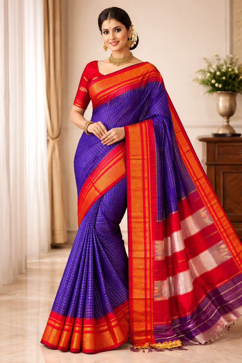 Ilkal Cotton Silk Saree with Traditional Kattam Checks