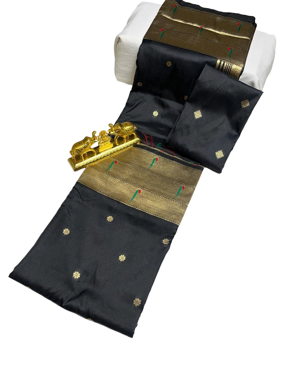 Jet Black Art Silk Saree with Rich Gold Tissue & Peacock Tree Pallu