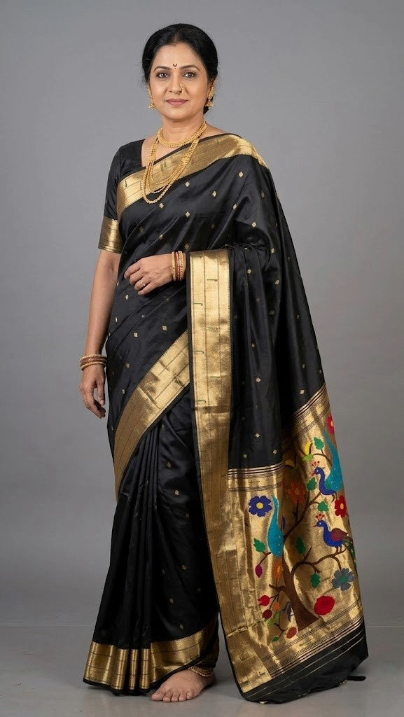 Jet Black Art Silk Saree with Rich Gold Tissue & Peacock Tree Pallu