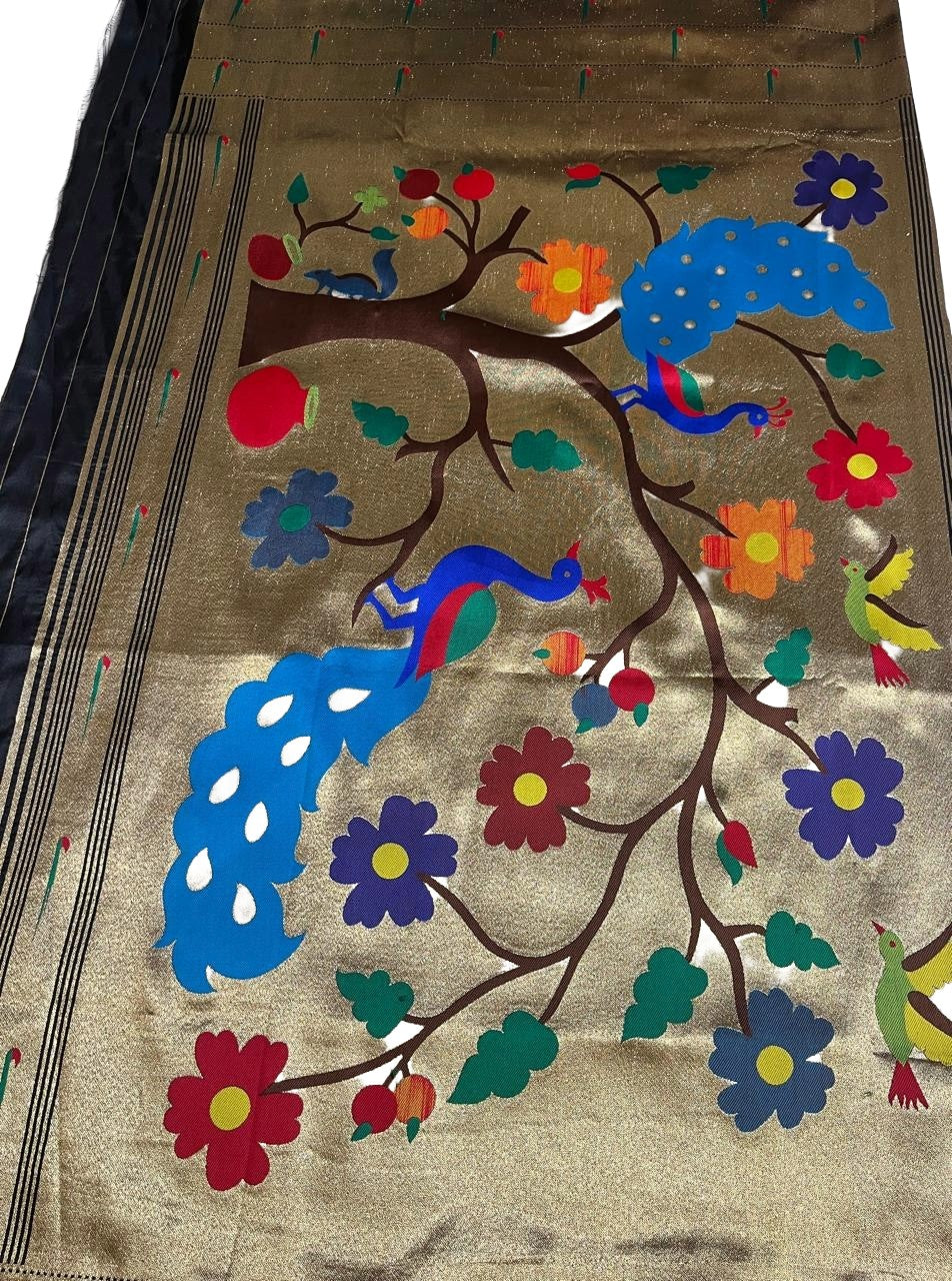 Jet Black Art Silk Saree with Rich Gold Tissue & Peacock Tree Pallu