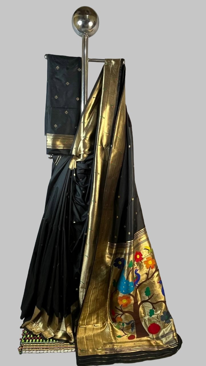 Jet Black Art Silk Saree with Rich Gold Tissue & Peacock Tree Pallu