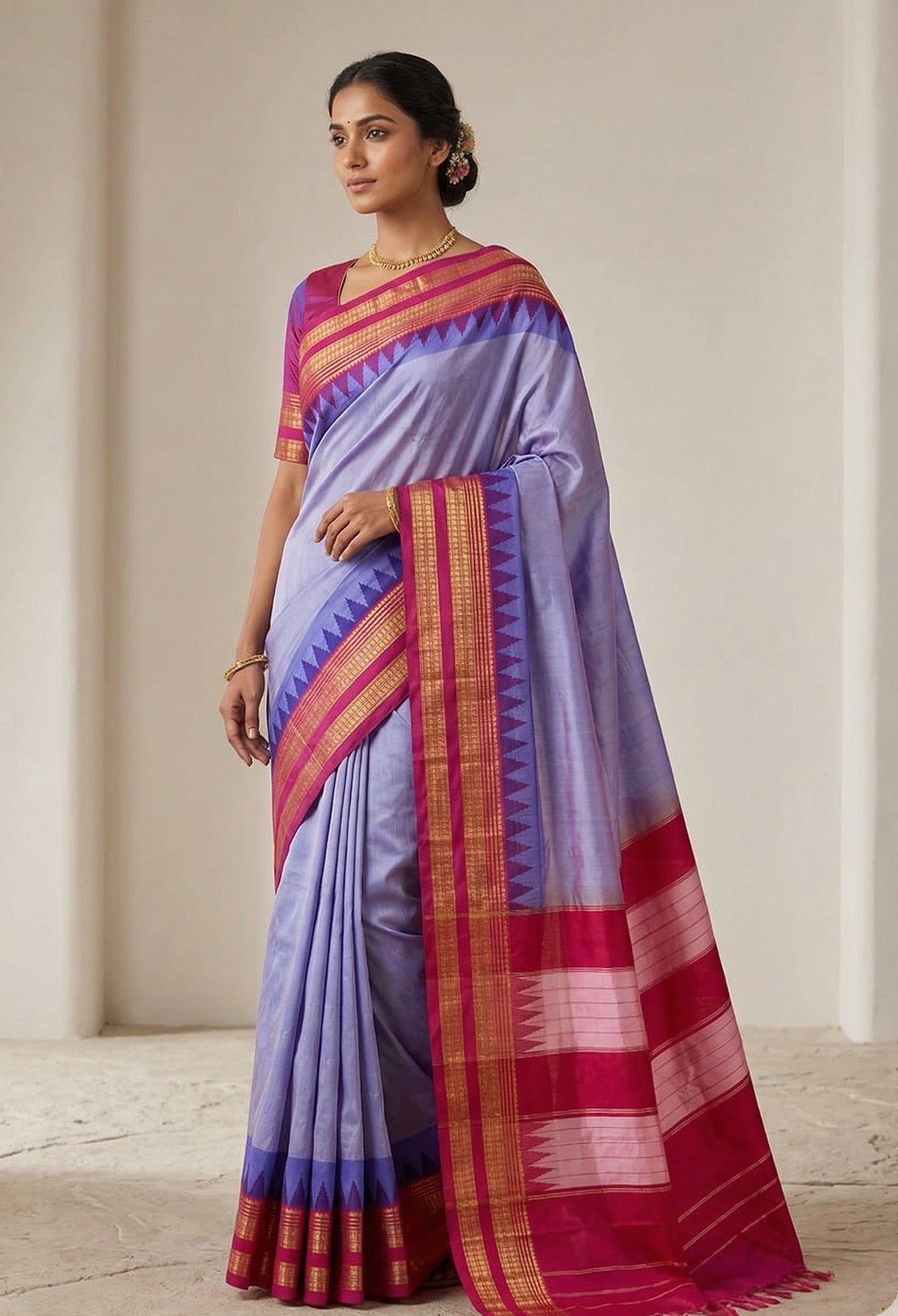 Ilkal Temple Border and Ganga Jamuna style saree