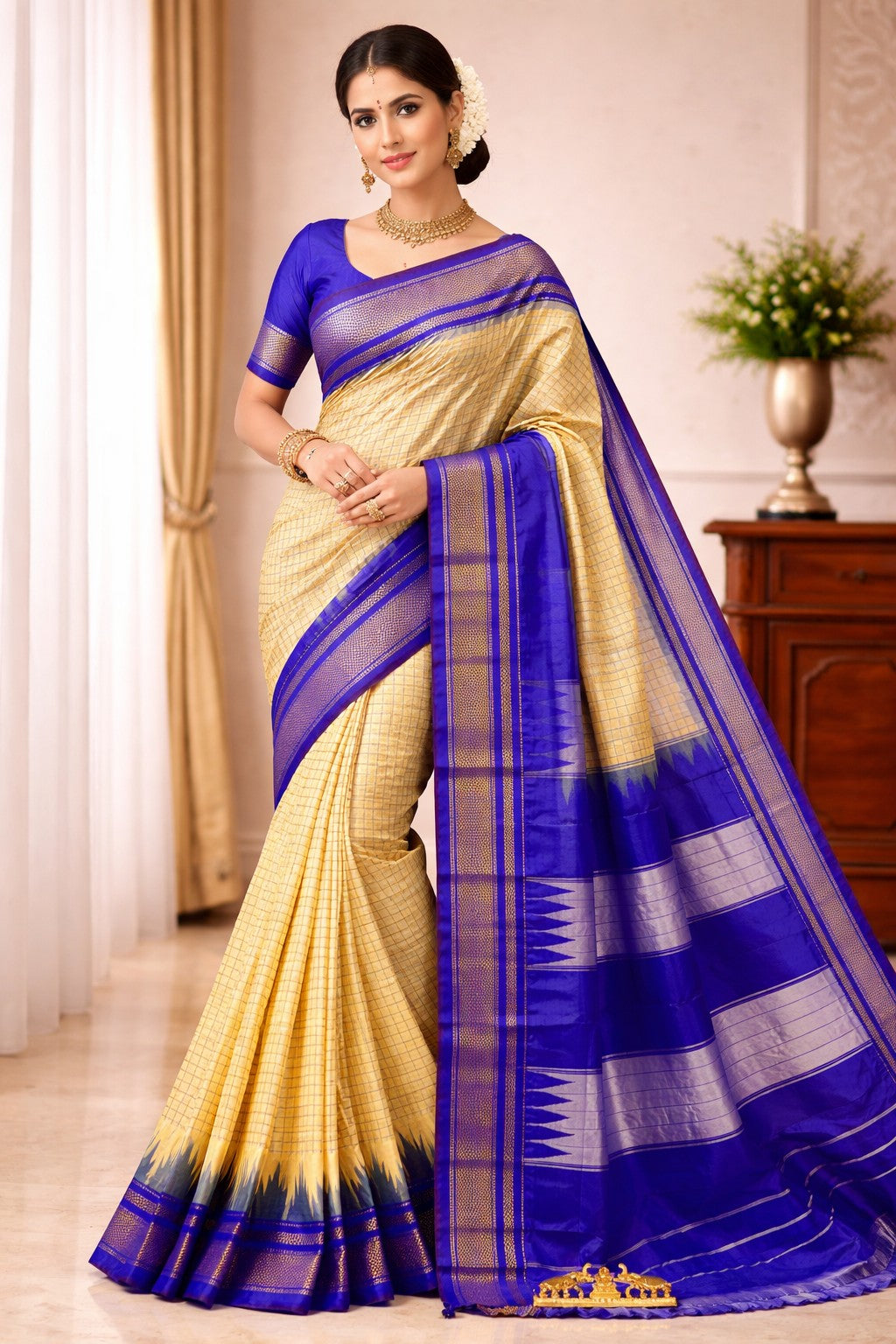 Ilkal Cotton Silk Saree with Traditional Kattam Checks