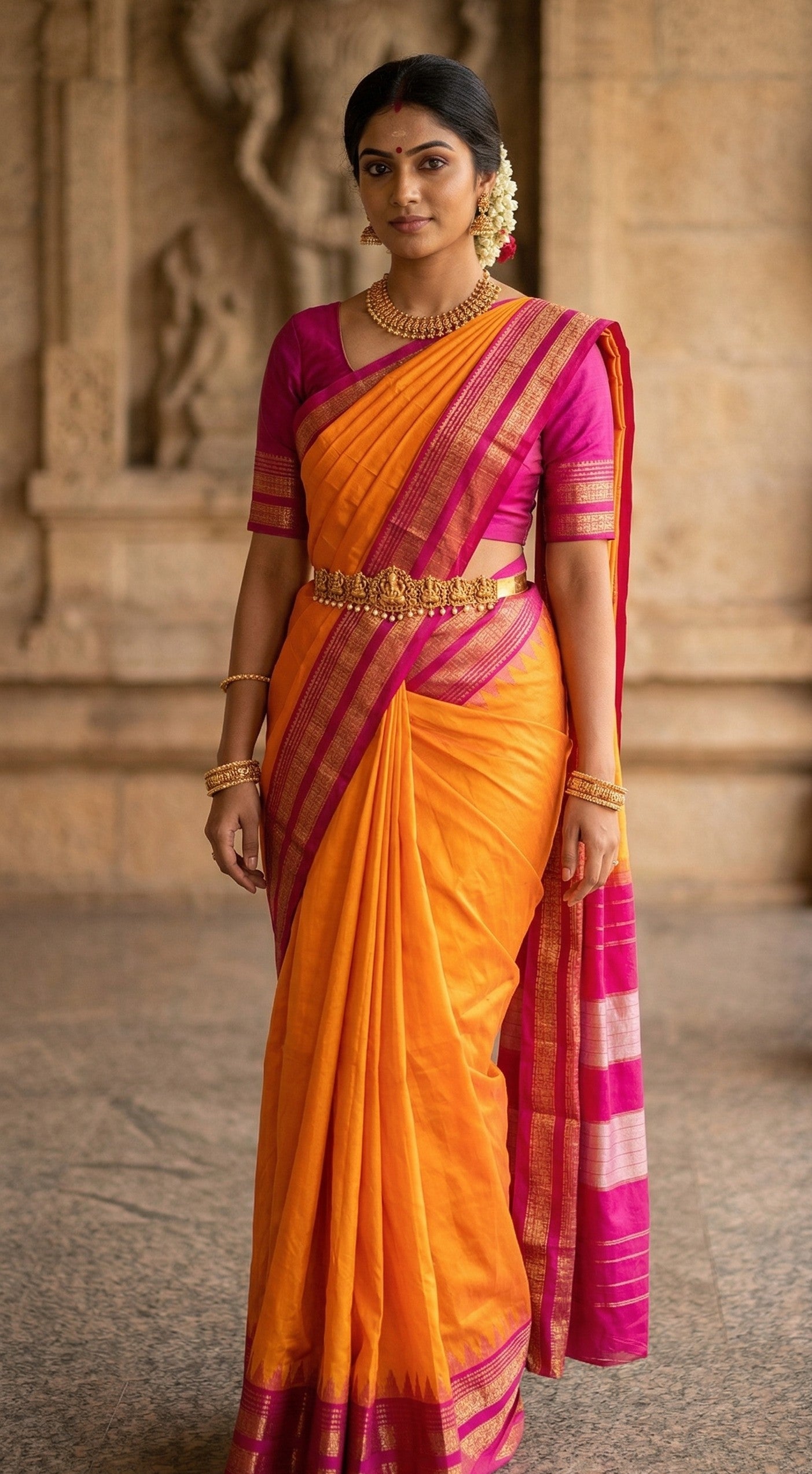Ilkal Temple Border and Ganga Jamuna style saree