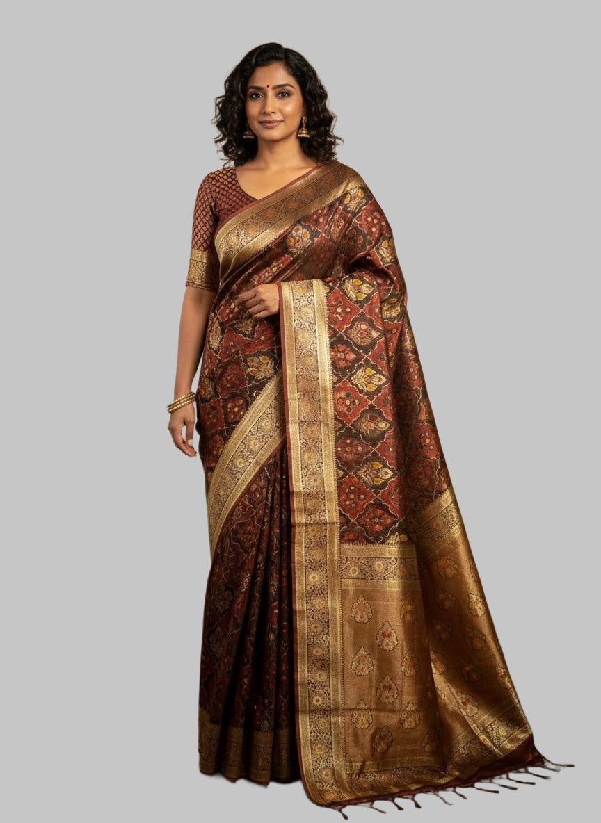 Maroon & Gold Premium Mushroom Satin Silk Saree