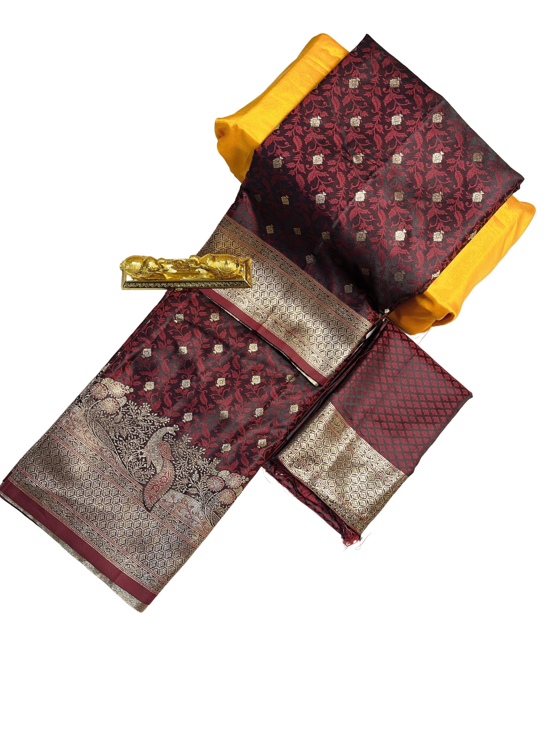 Maroon with Antique Gold Premium Mushroo Satin Silk Saree