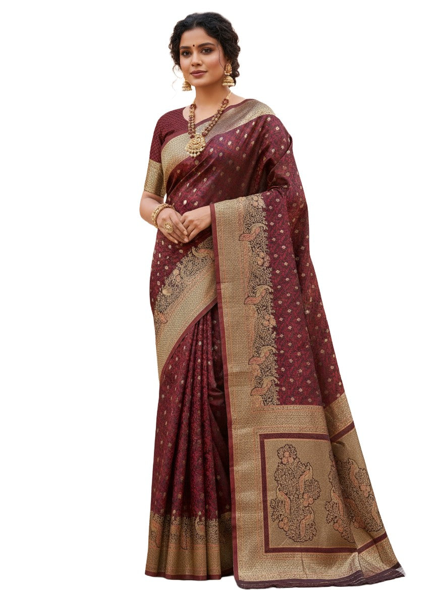 Maroon with Antique Gold Premium Mushroo Satin Silk Saree