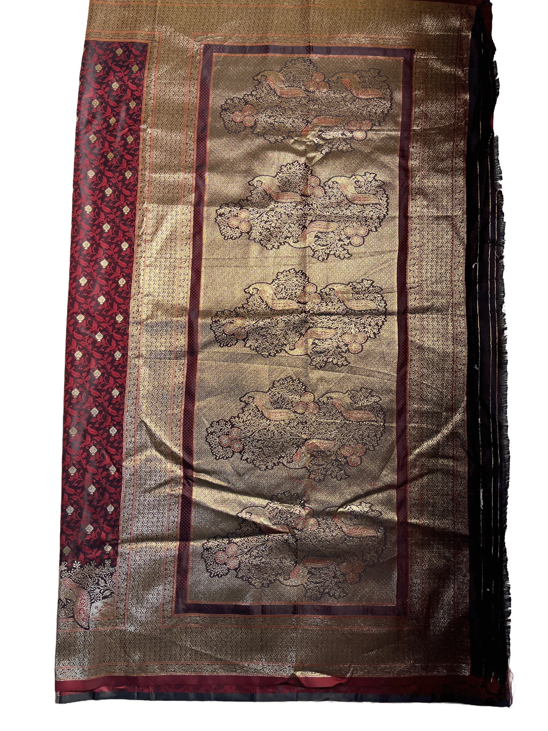 Maroon with Antique Gold Premium Mushroo Satin Silk Saree