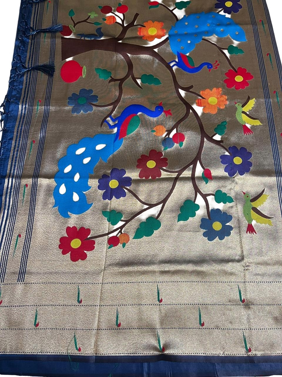 Navy Blue Art Silk Saree with Traditional Peacock Tree Pallu