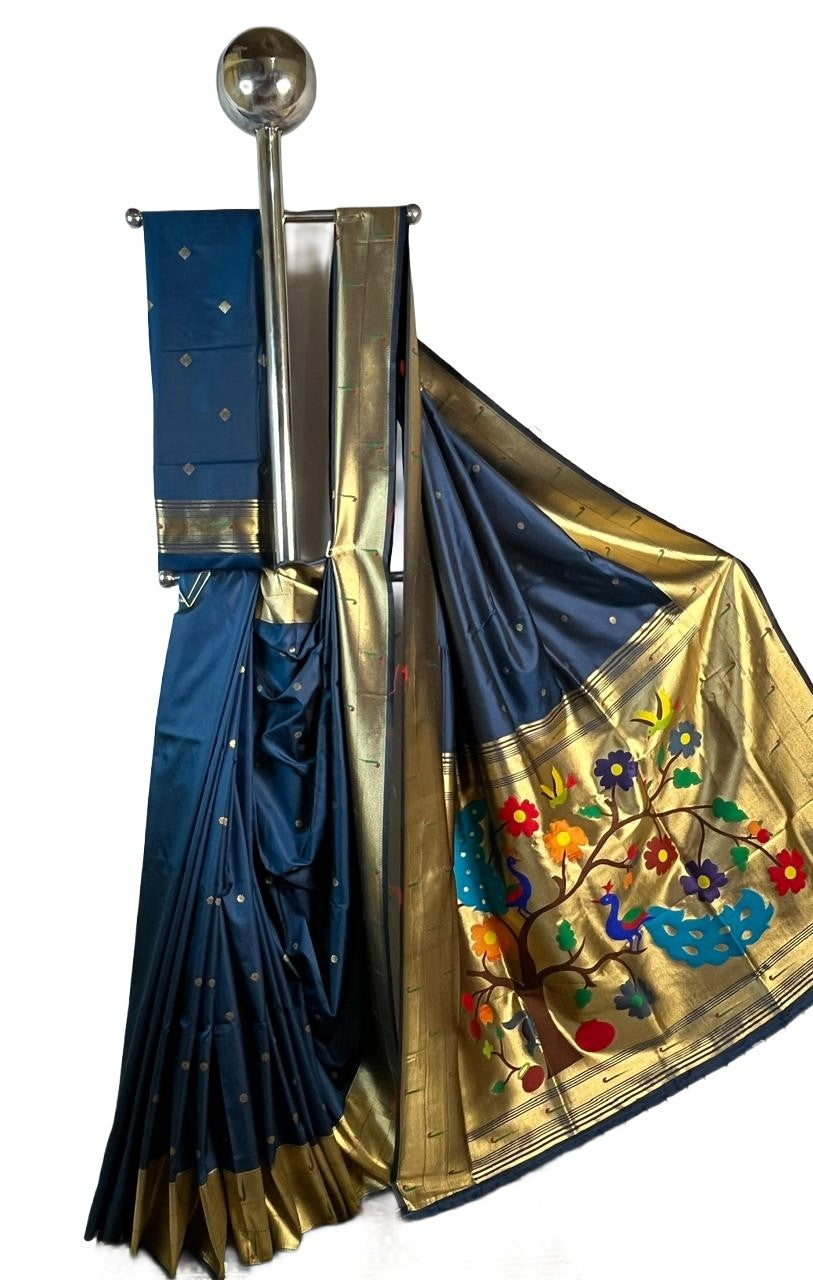 Navy Blue Art Silk Saree with Traditional Peacock Tree Pallu
