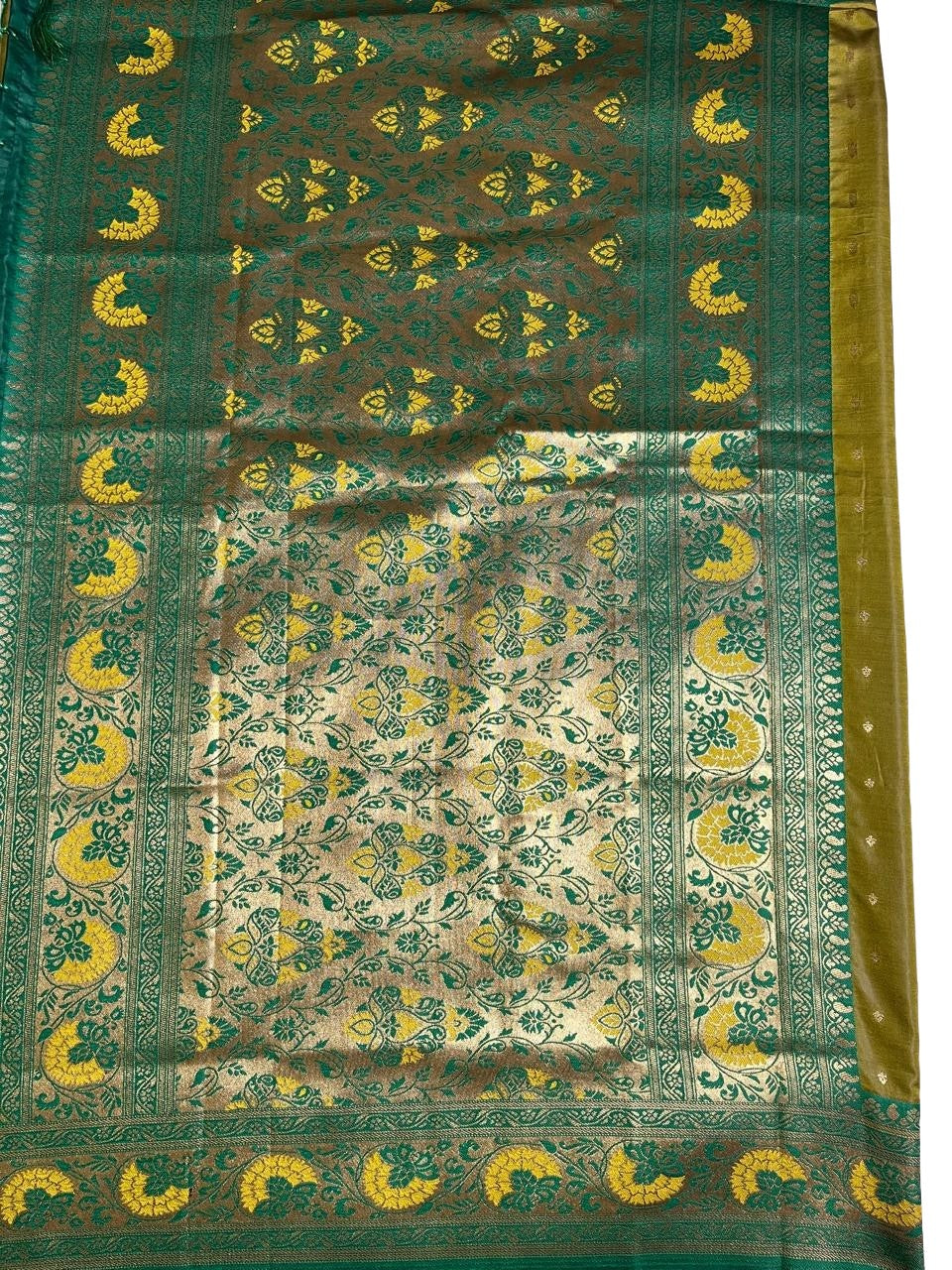Olive Green Art Silk Saree with Half-Moon Zari Border