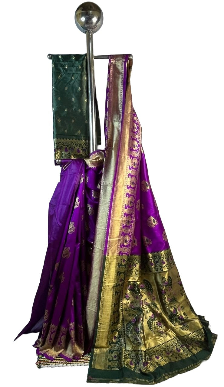 Royal Purple Art Silk Saree with Contrast Green & Gold Zari Pallu