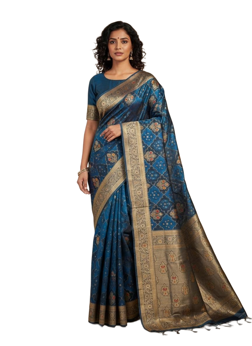 Peacock Blue jacquard motifs Premium Satin Silk Saree