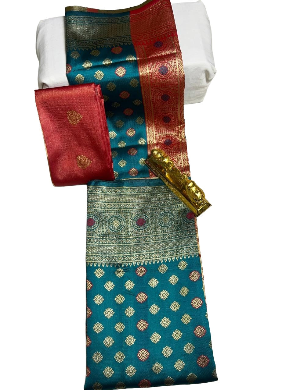 Rama Green Art Silk Saree with Contrast Red & Gold Zari Border