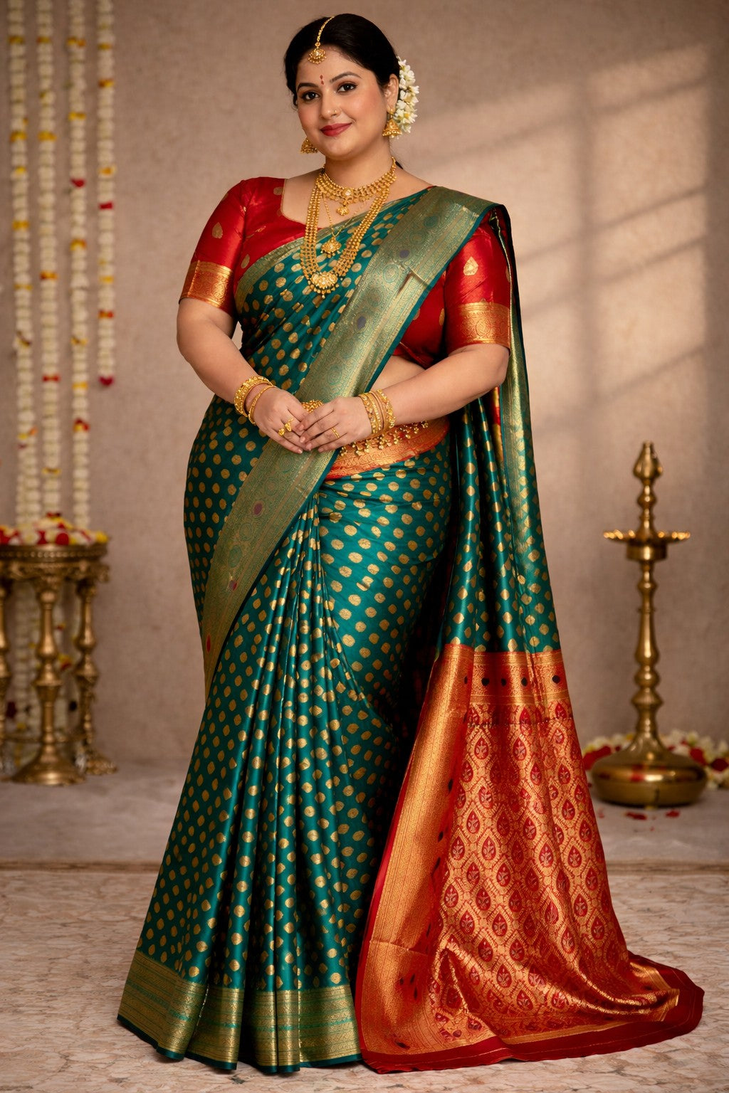 Rama Green Art Silk Saree with Contrast Red & Gold Zari Border