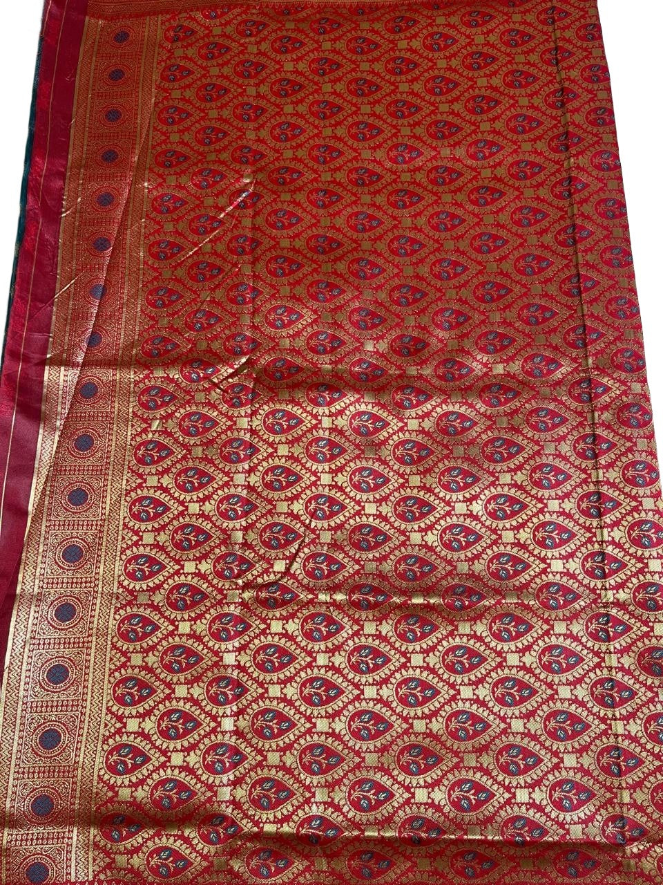 Rama Green Art Silk Saree with Contrast Red & Gold Zari Border