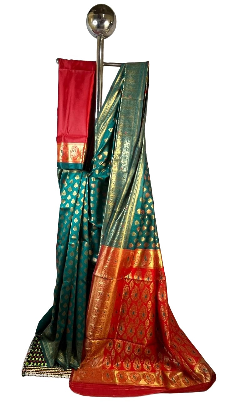 Rama Green Art Silk Saree with Leaf Zari Buti & Crimson Red Border