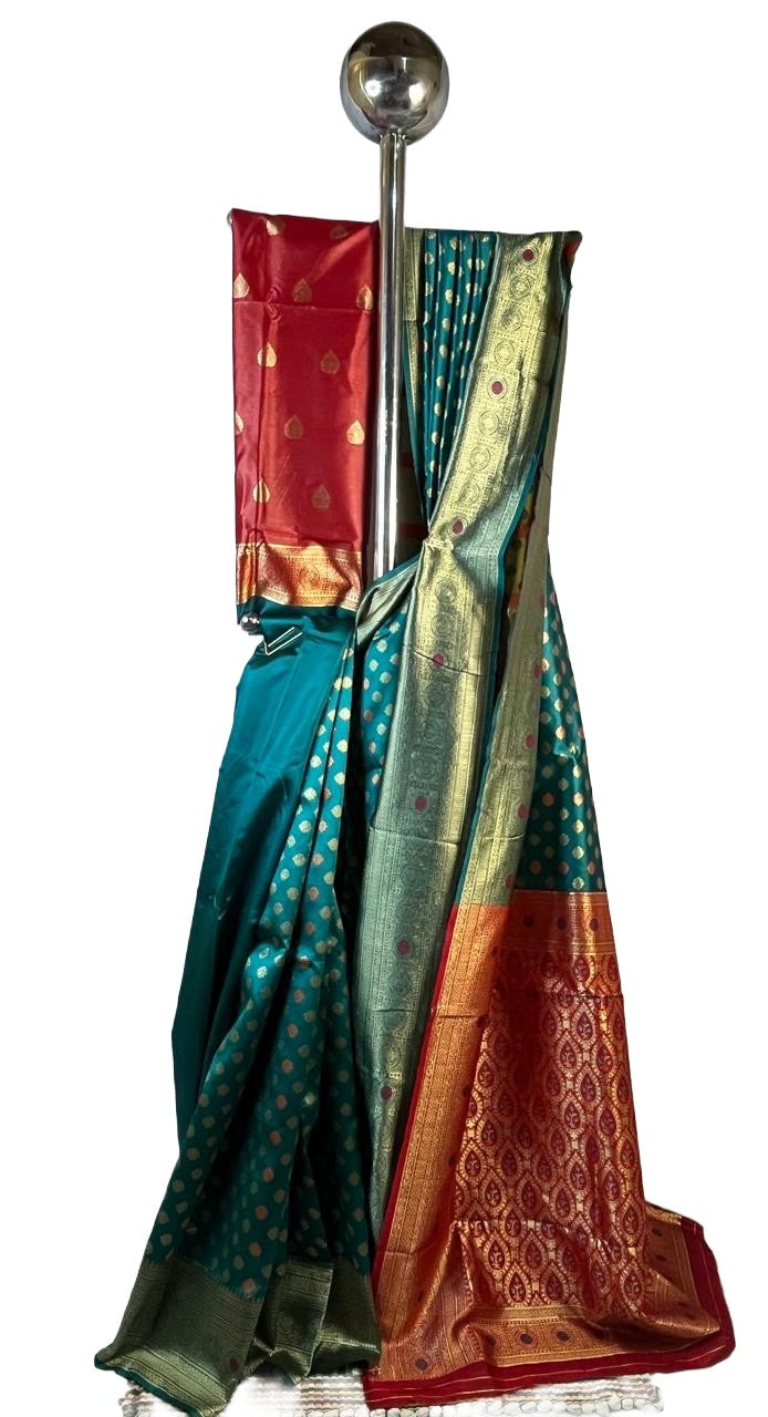 Rama Green Art Silk Saree with Contrast Red & Gold Zari Border