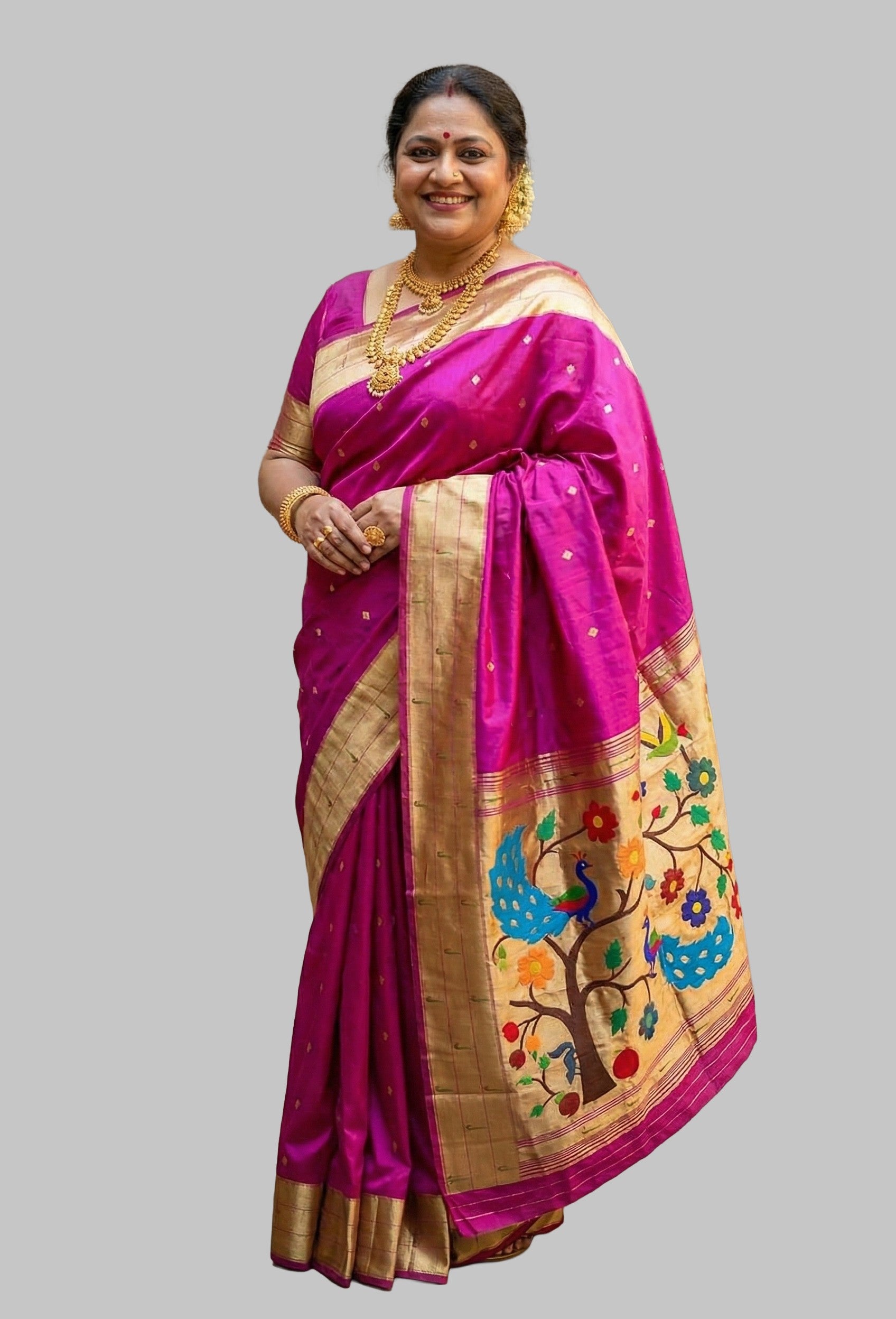Rani Pink Art Silk Saree with Colorful Paithani Tree of Life Pallu