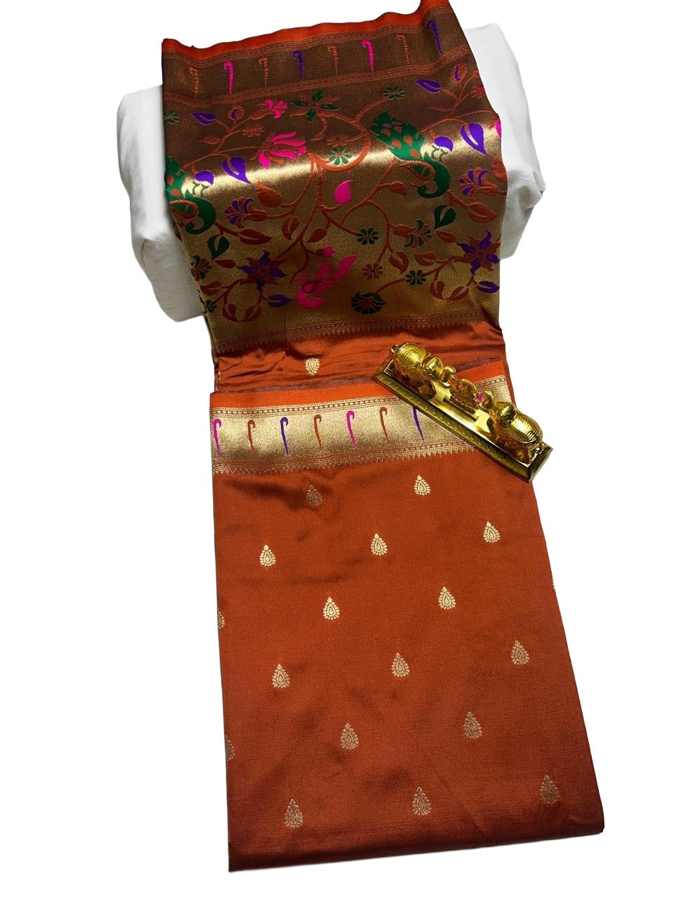 Rust Orange Art Silk Saree with Meenakari Floral Gold Pallu