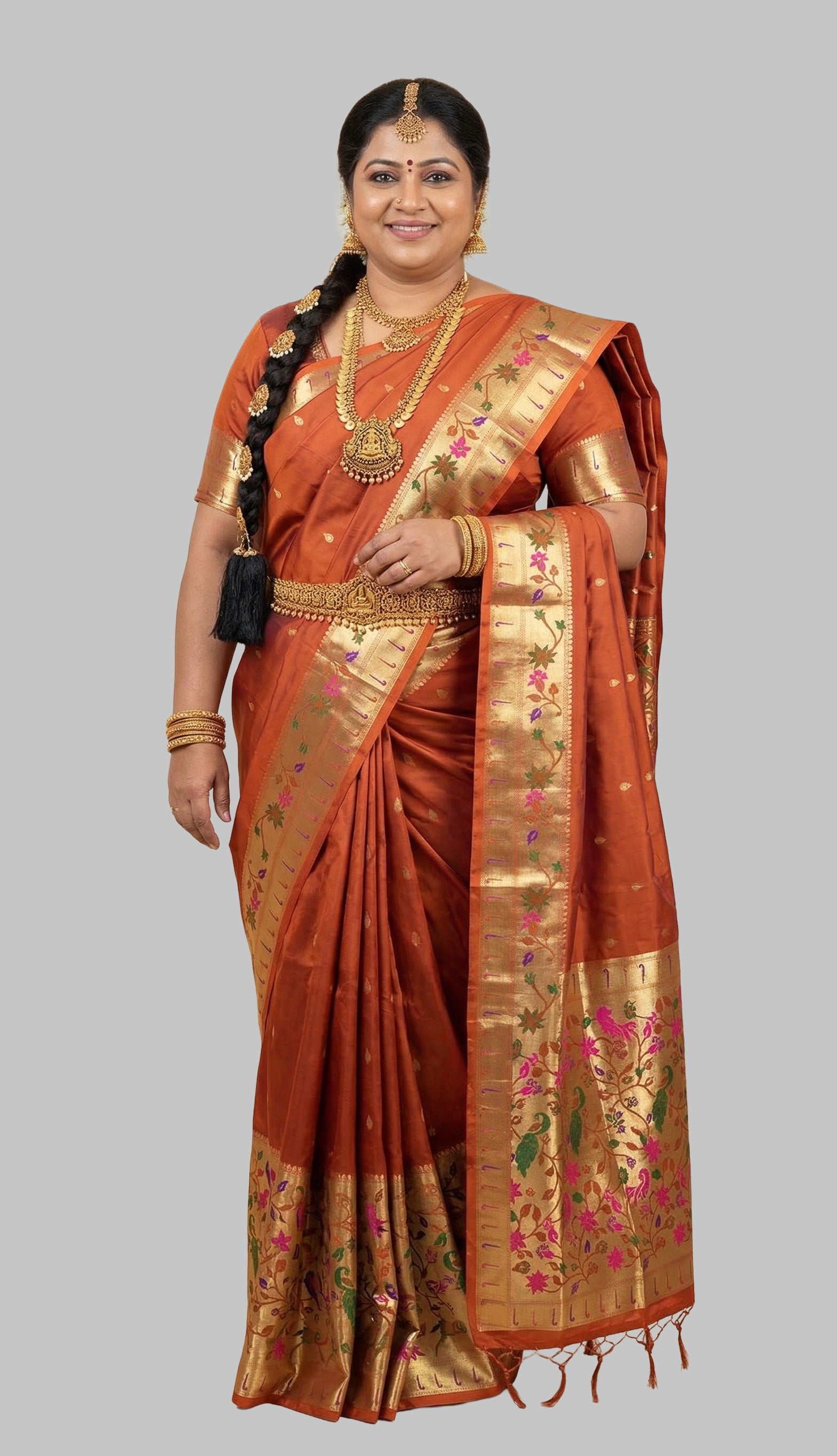 Rust Orange Art Silk Saree with Meenakari Floral Gold Pallu