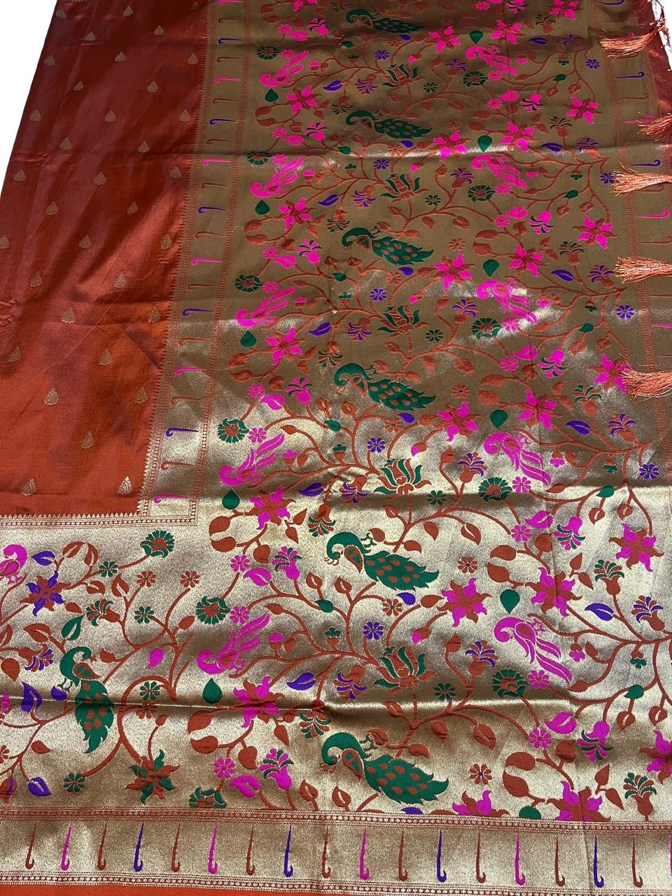 Rust Orange Art Silk Saree with Meenakari Floral Gold Pallu