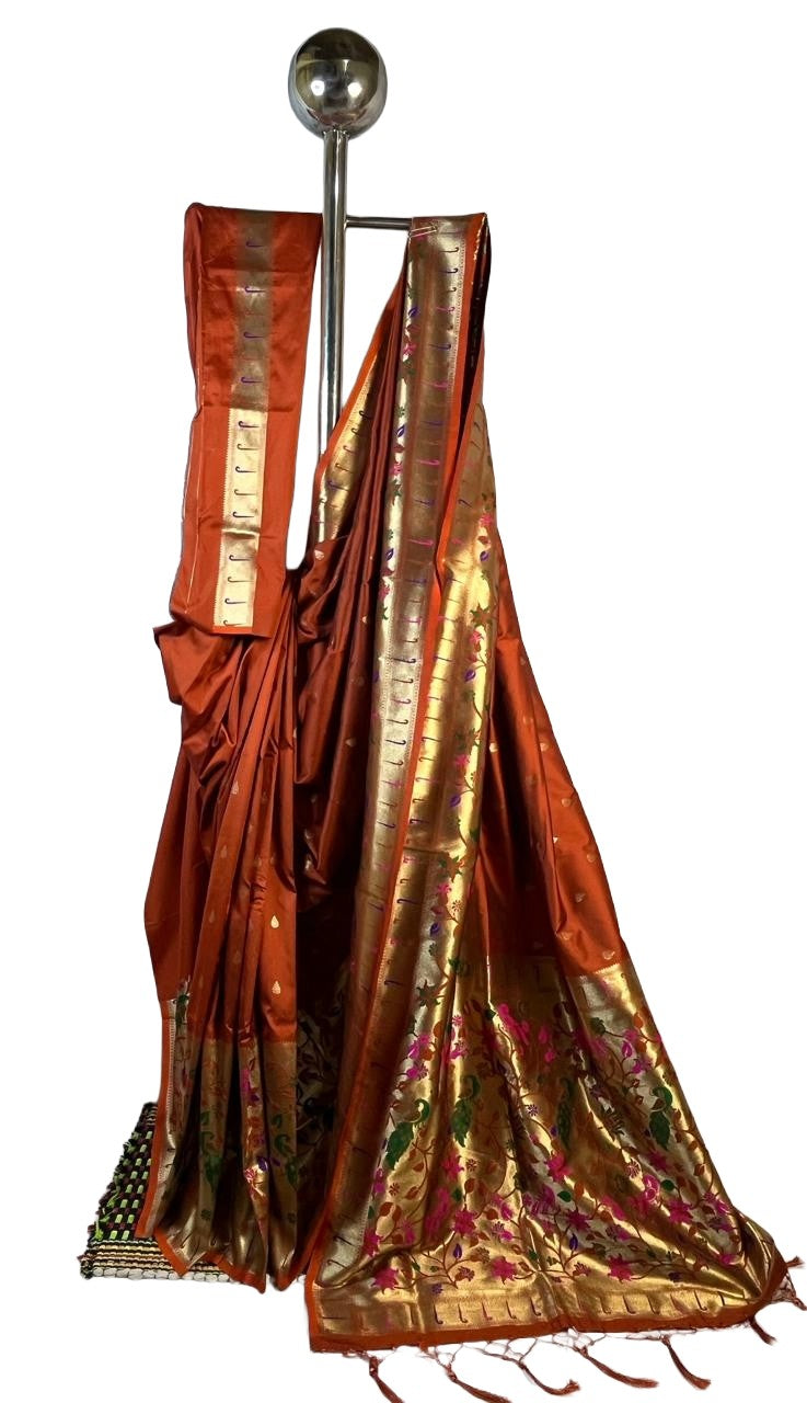 Rust Orange Art Silk Saree with Meenakari Floral Gold Pallu