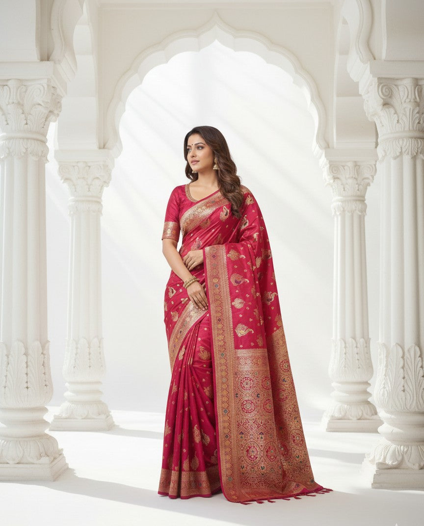 Red–Pink Mixed (Dual Tone) Premium Mushroom Satin Silk Saree