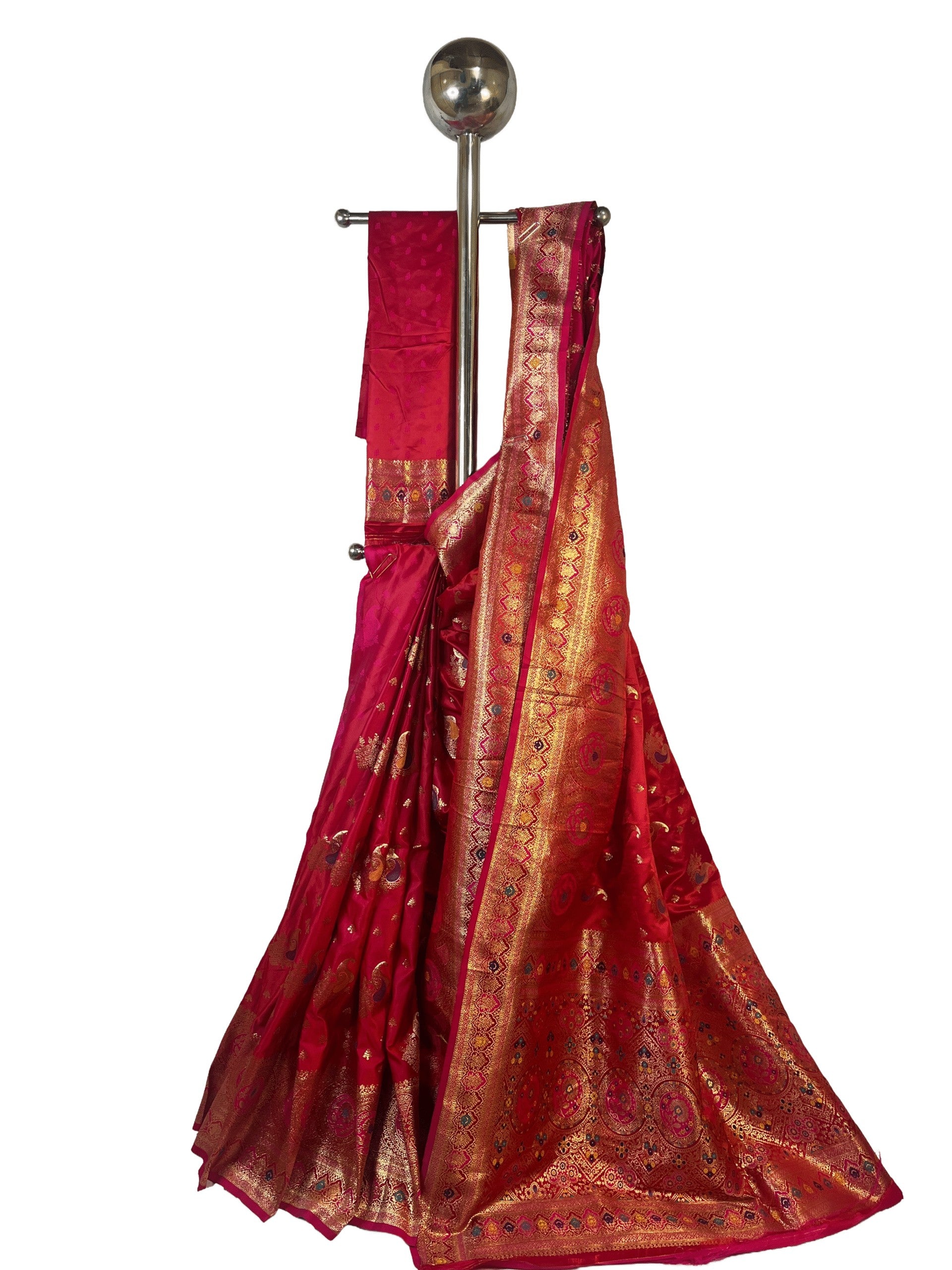 Red–Pink Mixed (Dual Tone) Premium Mushroom Satin Silk Saree