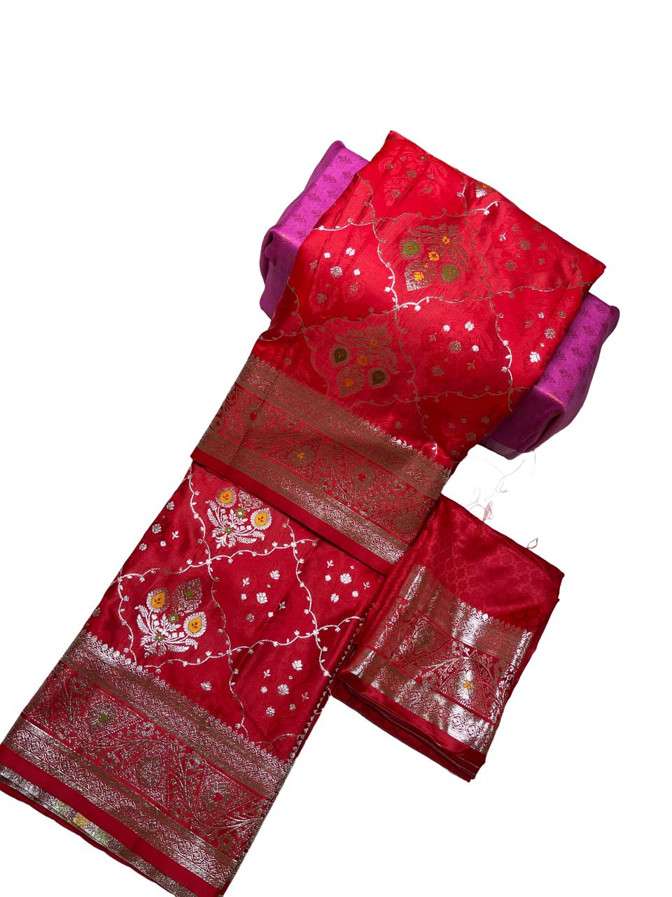 Rich Red with Gold Zari Premium Mushroom Satin Silk Saree