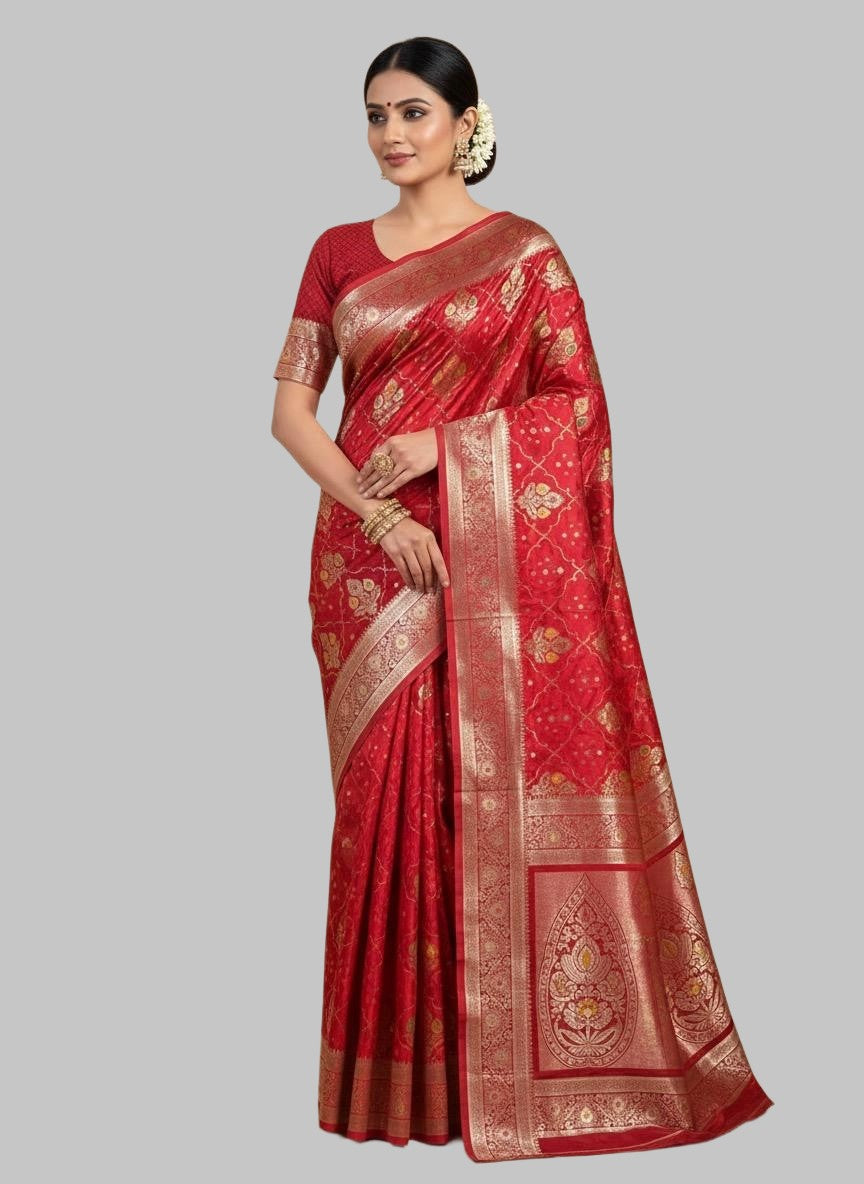 Rich Red with Gold Zari Premium Mushroom Satin Silk Saree