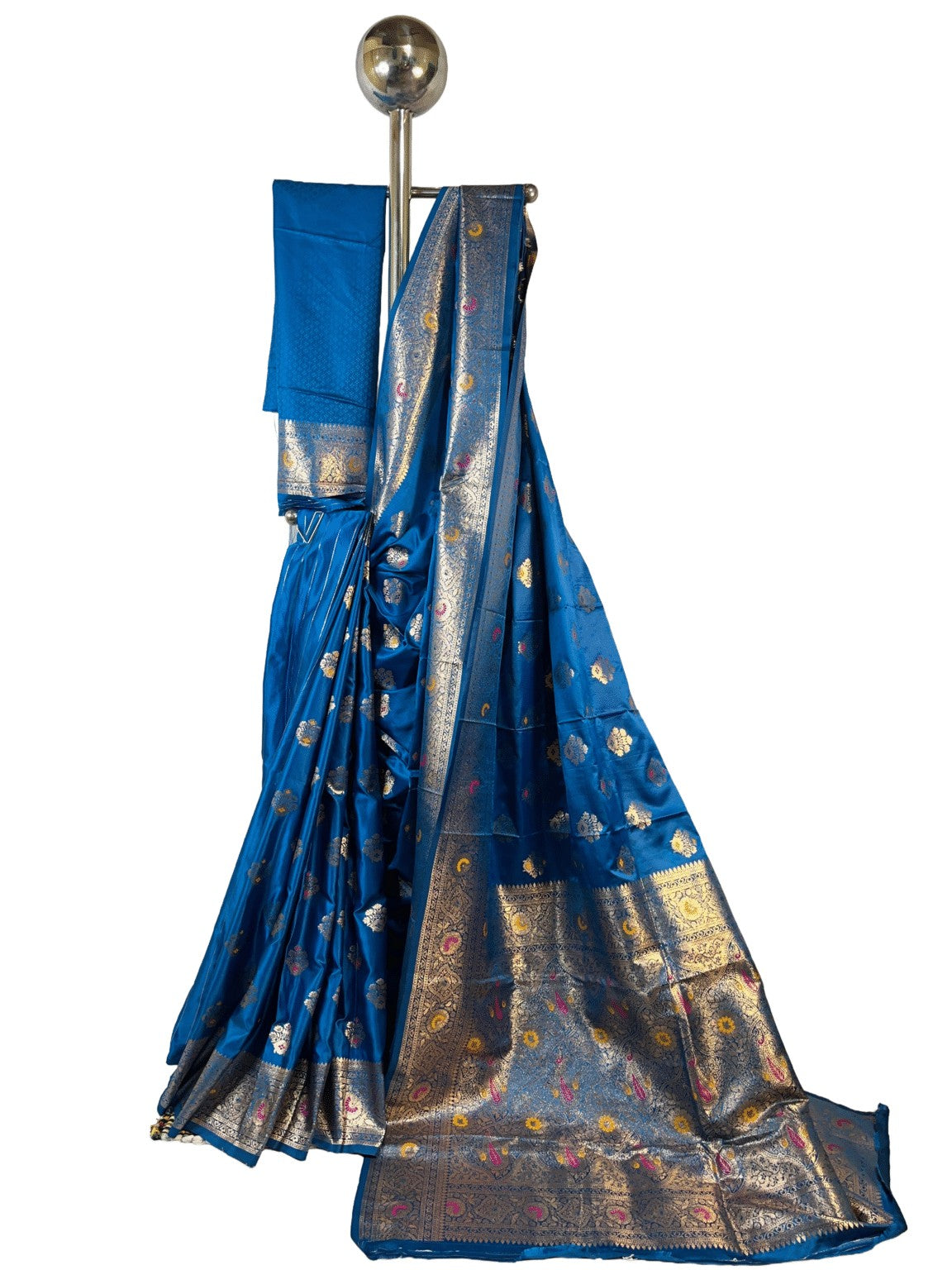 Royal blue zari floral motifs premium mushroom satin silk Saree