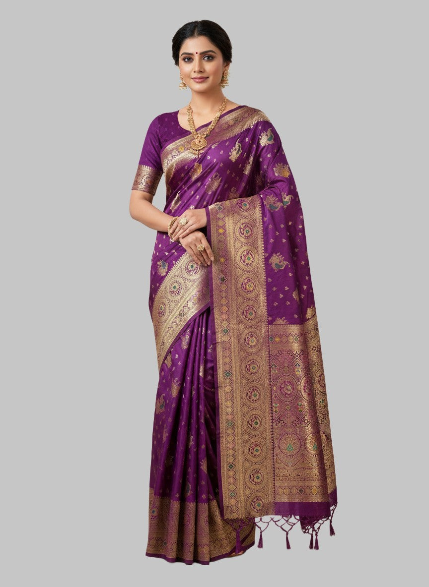 Royal Purple floral & paisley motifs Premium Satin Silk Saree